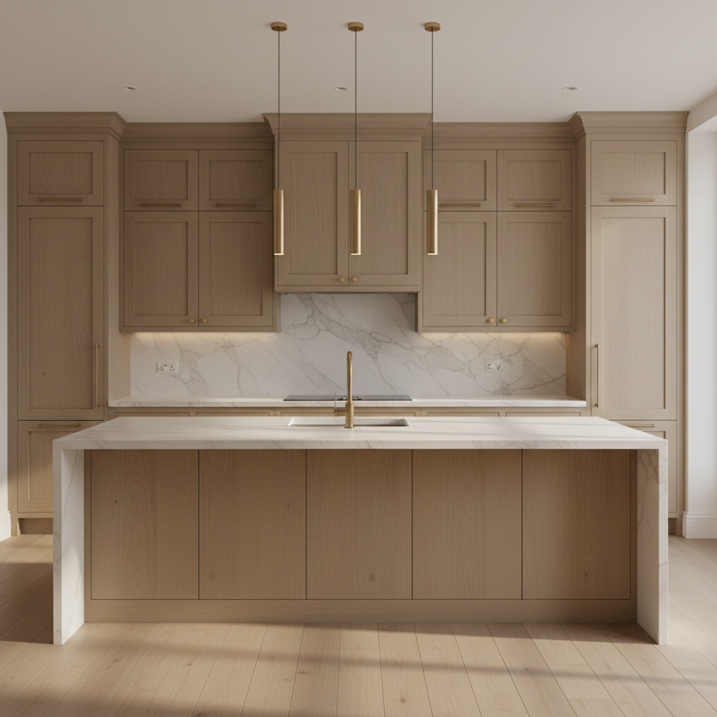 A spacious, modern kitchen interior with custom-crafted oak cabinetry in a muted sand finish, matte marble countertops, and minimalist brass hardware. An oversized, waterfall-edge island anchors the room, with an integrated sink and subtle pendant lighting overhead. The kitchen is bathed in soft natural daylight from an unseen window, creating gentle highlights on the stone and satin cabinetry. Elegant shadows are cast beneath the island, and the overall palette remains understated and harmonious. Captured at eye level with a horizontal, panoramic composition, the image delivers a serene, sophisticated atmosphere and photographic realism, ideal for showcasing refined, functional design in residential construction.