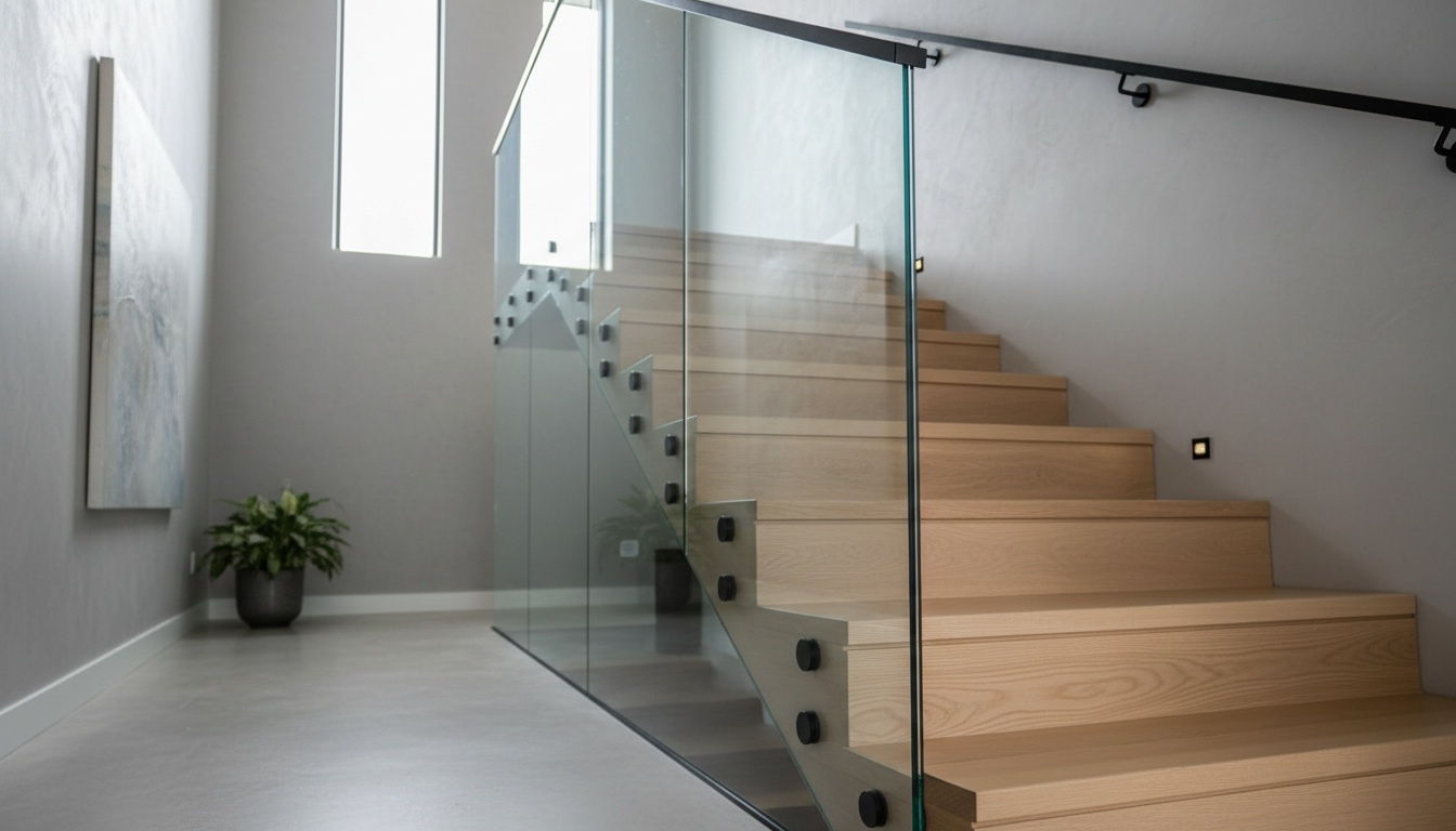 A detailed close-up of a handcrafted staircase, showcasing smooth, pale oak treads with subtle woodgrain, a sleek glass balustrade, and minimalist matte black hardware. The staircase is positioned in a spacious, sunlit entry hall with muted gray walls and a simple polished concrete floor. Soft, diffused morning light streams in from a high window, highlighting the nuanced textures of wood and gently illuminating the glass. The composition uses shallow depth of field, bringing the craftsmanship of the stair details into sharp focus while the background softly fades, evoking a sense of refined artisanship and elegant minimalism within a luxury home.