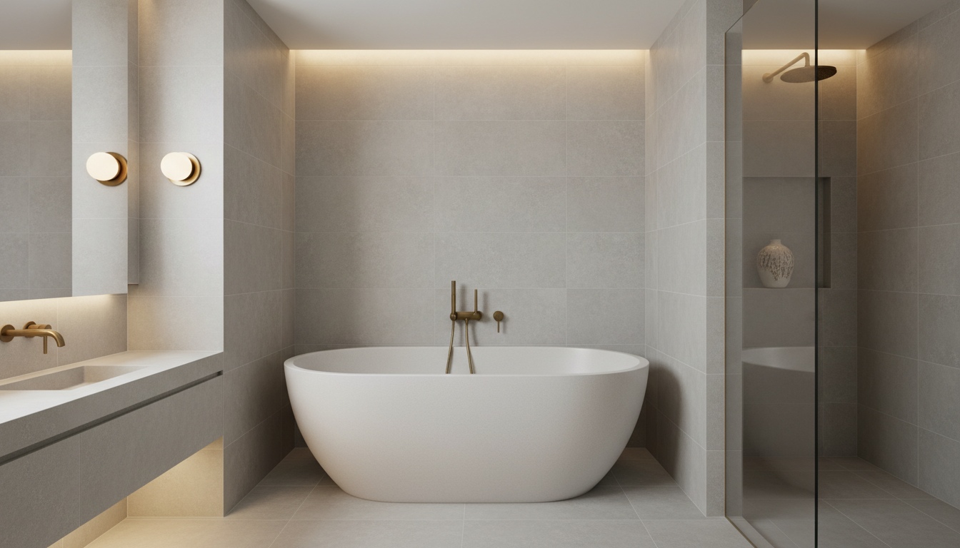 A serene, spa-inspired bathroom featuring a custom-built, freestanding soaking tub in matte white stone, set against large, pale grey porcelain tiles and a seamless glass shower enclosure. Muted, natural tones define the space, with subtle brass fixtures and a recessed niche holding a single, tasteful ceramic vessel. The room glows with indirect soft lighting from hidden LED strips and understated wall sconces, creating a gentle ambiance with soft highlights and shadows across surfaces. Photographed straight on with a balanced, minimal composition, the bathroom exudes calm, sophistication, and the bespoke quality of high-end residential construction.
