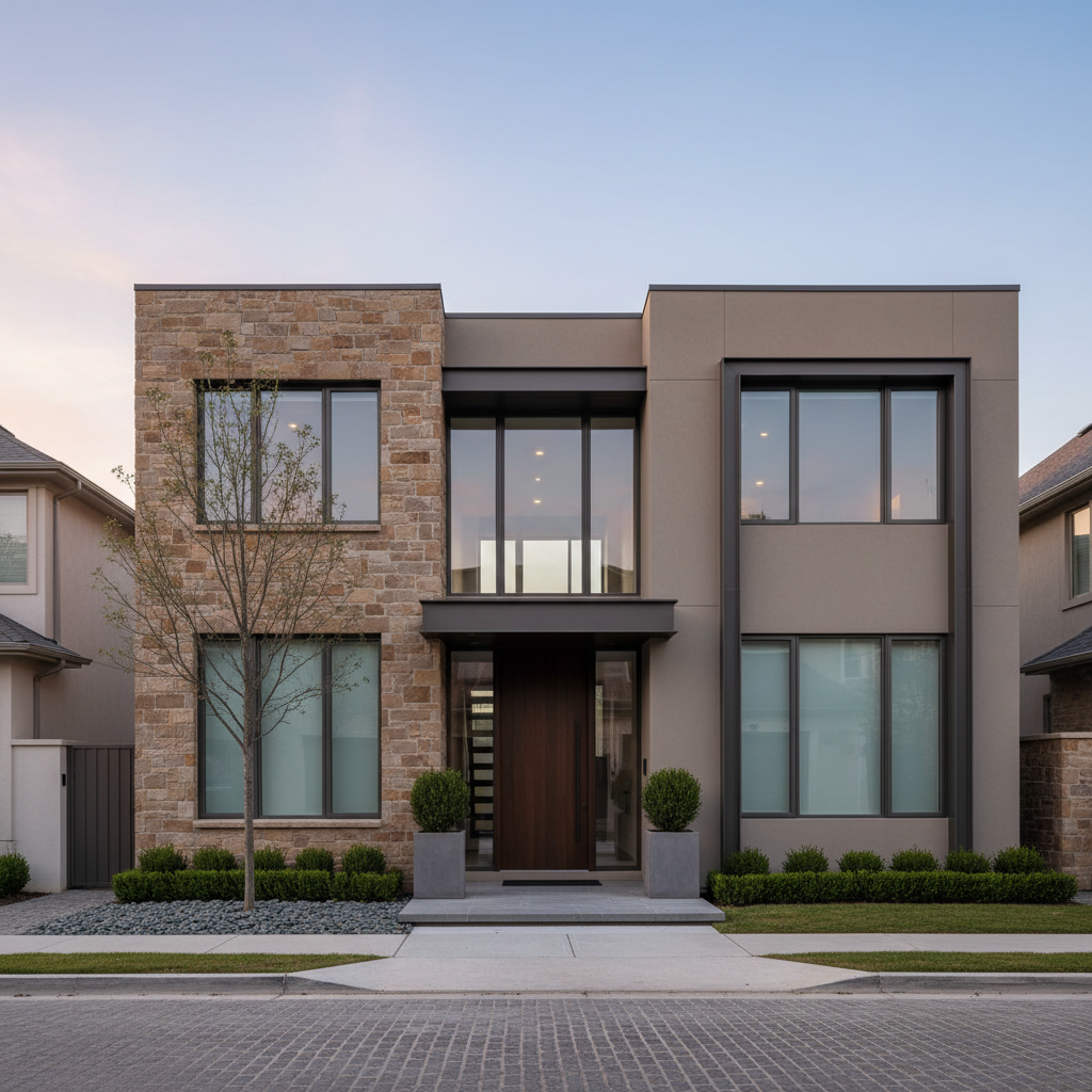A luxurious, custom-built home façade featuring hand-laid natural stone and smooth stucco in a subtle taupe hue, accented by sleek, charcoal-hued steel window frames. The entryway is understated and elegant, framed by minimalist landscaping with manicured shrubs and a single sculptural tree. The setting is a tranquil, upscale neighborhood street in early morning, with soft, diffused light creating refined highlights on the façade and subtle gradients in the sky. The mood is calm and sophisticated, suggesting high quality and attention to every detail. Captured from a slightly elevated, centered angle with balanced composition and sharp focus throughout, the photographic realism and minimalist aesthetic reflect a boutique, high-end construction brand.