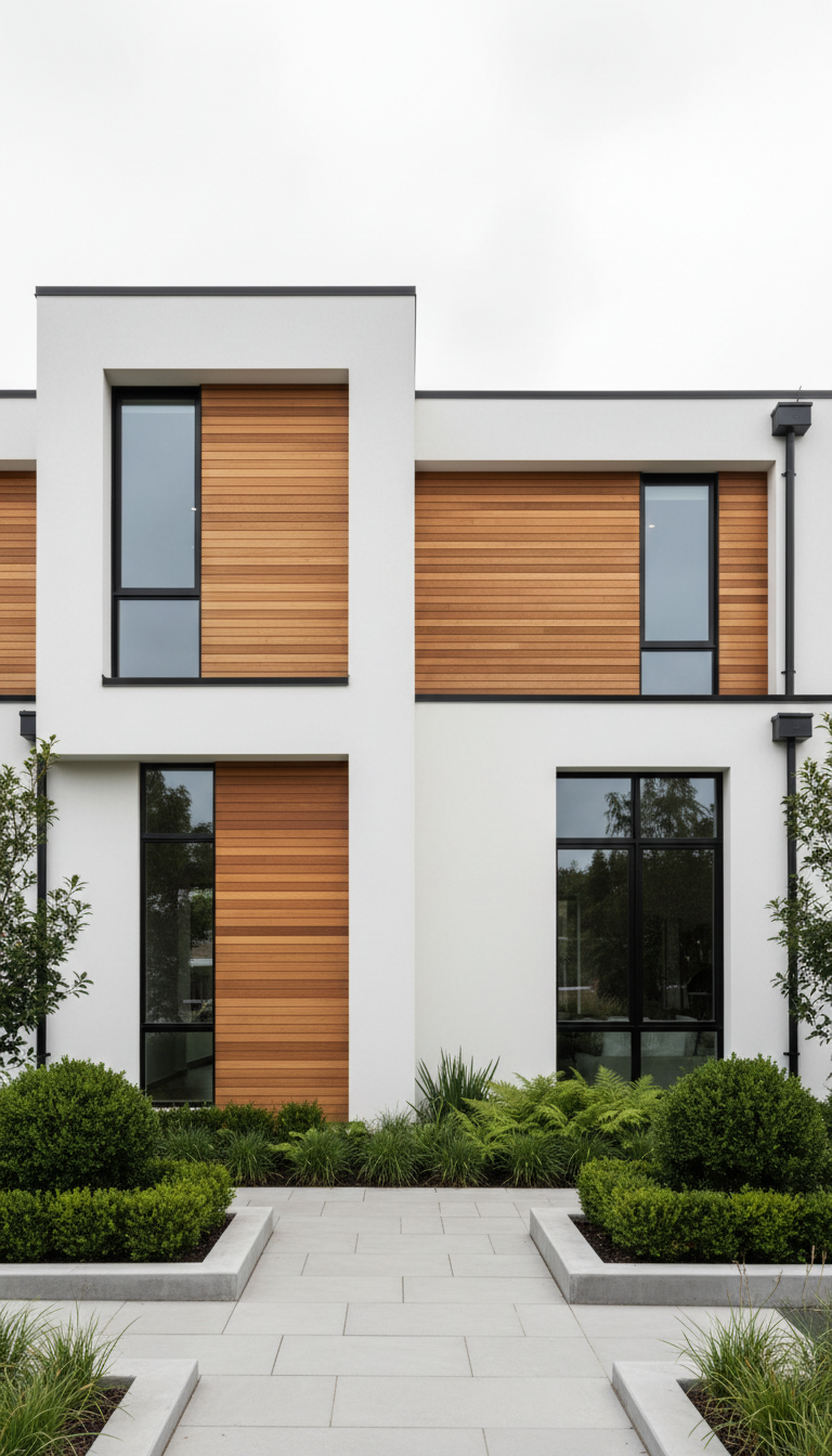 A flawlessly constructed modern home façade featuring crisp, white stucco walls paired with richly grained natural wood accents and slim matte black window frames. The home is set against a muted, overcast sky that gently diffuses light across the surfaces, highlighting precise lines and refined textures without harsh shadows. Manicured landscaping with understated greenery borders the structure, all set on a smooth, subtle grey stone pathway. The composition is centered and captured from an eye-level perspective, with a sharp focus on architectural details and clean geometry. The mood is sophisticated and tranquil, embodying minimalist elegance and timeless craftsmanship within a photographic, luxurious, and aspirational style.