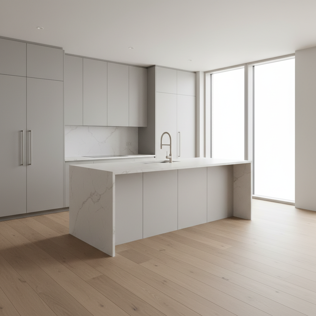 A serene, minimalist kitchen interior showcasing seamless matte cabinetry in soft dove grey, a flawless pale quartz island with subtle veining, and elegant brushed-steel fixtures. The kitchen is staged in an open-plan space with wide-plank oak flooring and a muted palette throughout. Natural light pours in through large, unobstructed windows, creating gentle highlights along surfaces and casting serene, diffused shadows underneath the island. Captured from a slightly elevated angle with crisp, sharp focus on sleek lines and material transitions. The atmosphere is calm, orderly, and refined, embracing a photographic, high-end yet understated modern aesthetic tailored for luxury residential construction.