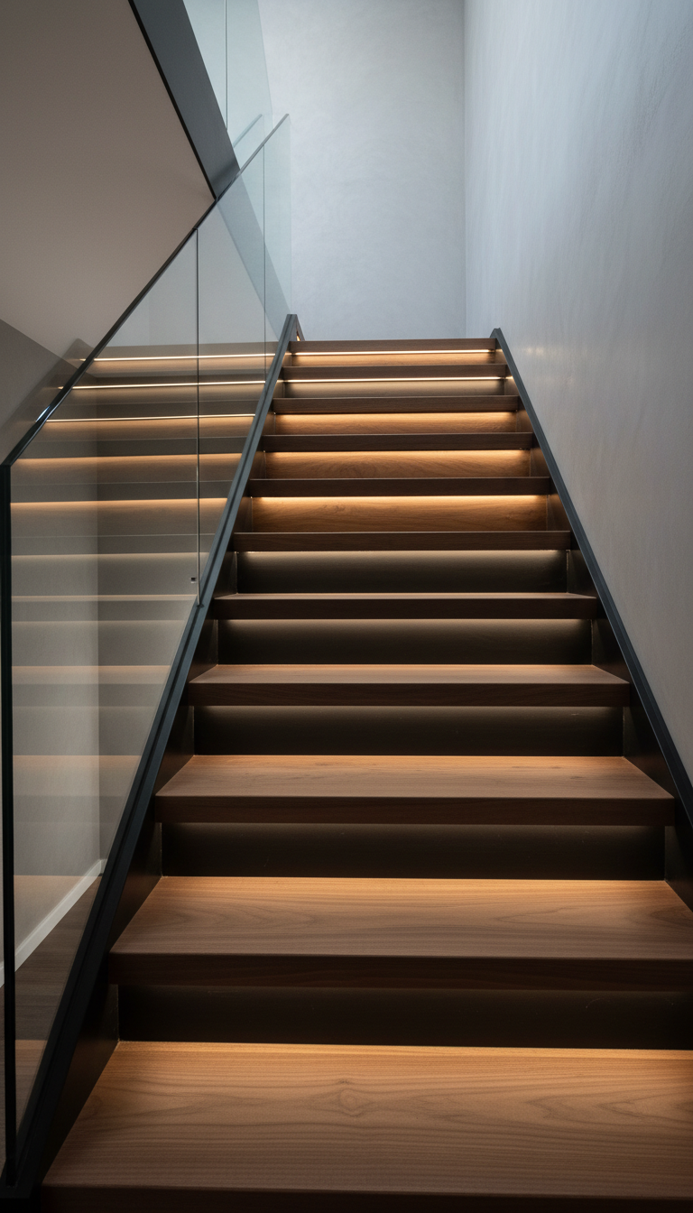 A refined, architectural detail shot of a custom staircase crafted from rich walnut treads and a sleek black metal stringer, with seamless glass balustrades perfectly aligned. The stairs ascend beside a muted, softly textured wall, and the setting is punctuated by indirect recessed lighting that originates from beneath each tread, casting subtle, graduated shadows onto the risers and highlighting the purity of each material. The photo is taken from a dramatic, upward-angled perspective to emphasize lines, structure, and material interplay. The atmosphere is quiet confidence and masterful, deliberate design, aligned with a photographic, minimalist, and sophisticated style that underscores the core values of RH Crafted Construction.