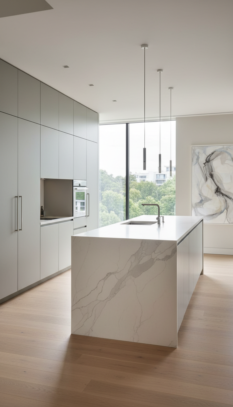 A serene, minimalist kitchen interior showcasing seamless matte cabinetry in soft dove grey, a flawless pale quartz island with subtle veining, and elegant brushed-steel fixtures. The kitchen is staged in an open-plan space with wide-plank oak flooring and a muted palette throughout. Natural light pours in through large, unobstructed windows, creating gentle highlights along surfaces and casting serene, diffused shadows underneath the island. Captured from a slightly elevated angle with crisp, sharp focus on sleek lines and material transitions. The atmosphere is calm, orderly, and refined, embracing a photographic, high-end yet understated modern aesthetic tailored for luxury residential construction.