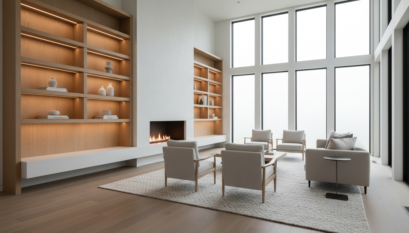 A tranquil, light-filled living room space completed by RH Crafted Construction, featuring a custom-built, wall-anchored oak shelving unit with flawless joinery and concealed lighting. The room is furnished minimally, with a pale woven wool rug on muted hardwood floors and an architectural gas fireplace encased in smooth, white plaster. Floor-to-ceiling windows allow soft, overcast daylight to bathe the scene, bringing warmth to the wood tones and subtle contrast to the whites. Captured from a low, wide-angle perspective that includes both the shelving and open space, the photo is balanced and airy. The mood is contemplative and serene, reflecting sophistication and precision in every element, presented with a photographic, clean, and modern aesthetic.