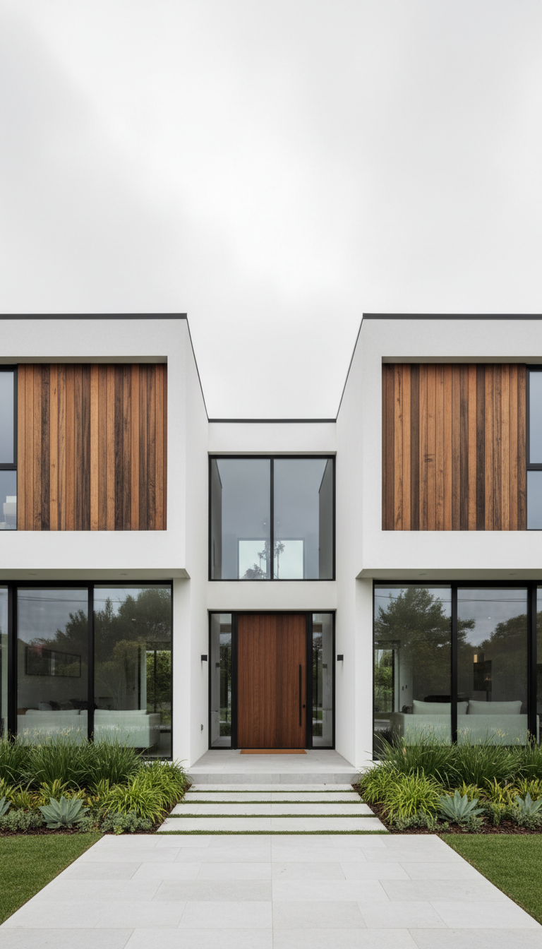 A flawlessly constructed modern home façade featuring crisp, white stucco walls paired with richly grained natural wood accents and slim matte black window frames. The home is set against a muted, overcast sky that gently diffuses light across the surfaces, highlighting precise lines and refined textures without harsh shadows. Manicured landscaping with understated greenery borders the structure, all set on a smooth, subtle grey stone pathway. The composition is centered and captured from an eye-level perspective, with a sharp focus on architectural details and clean geometry. The mood is sophisticated and tranquil, embodying minimalist elegance and timeless craftsmanship within a photographic, luxurious, and aspirational style.